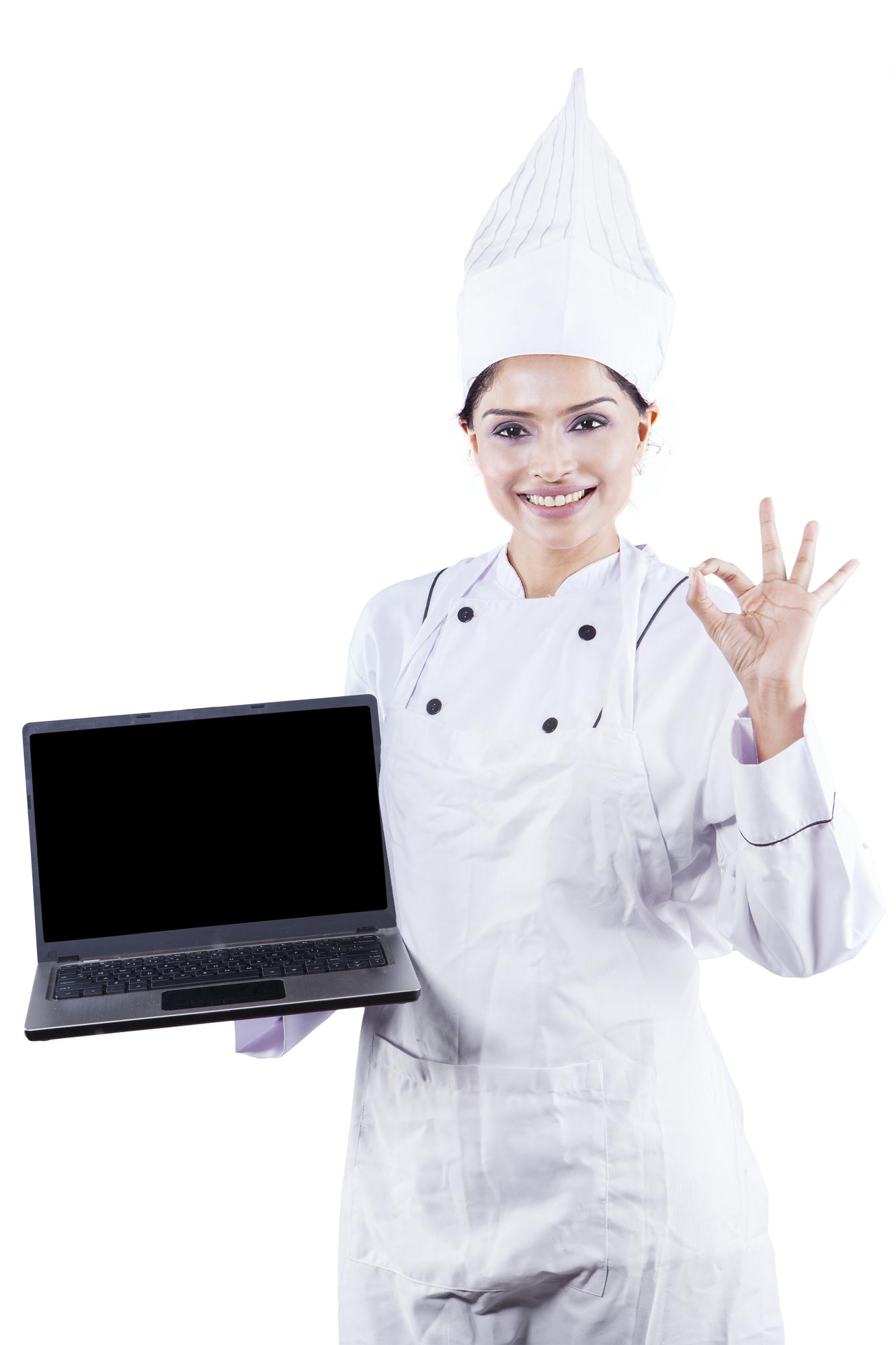 Chef teaching online course on laptop